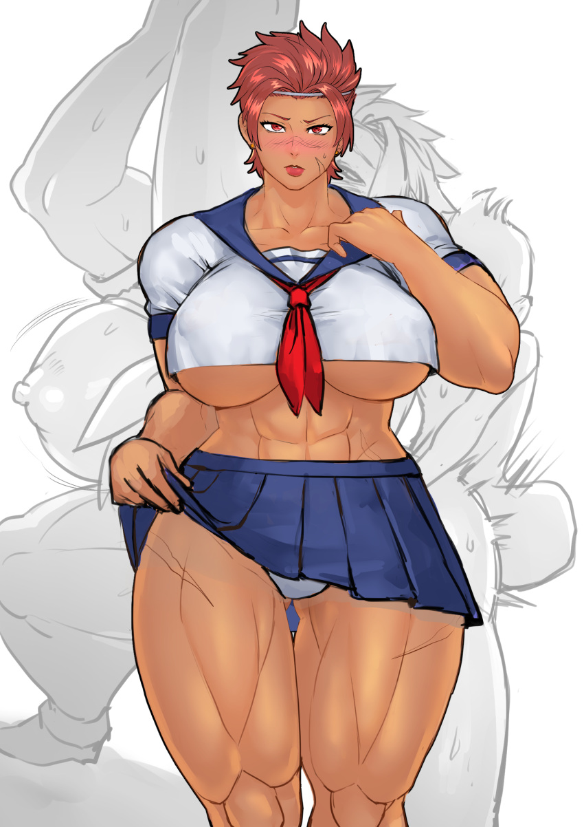 bigger_female blush blush dark-skinned_female flashing kisuu large_breasts mature_female midriff muscles muscular muscular_female older_female original red_eyes red_hair school_uniform schoolgirl_uniform short_hair showing_panties skimpy skimpy_clothes thick_thighs tomboy white_panties