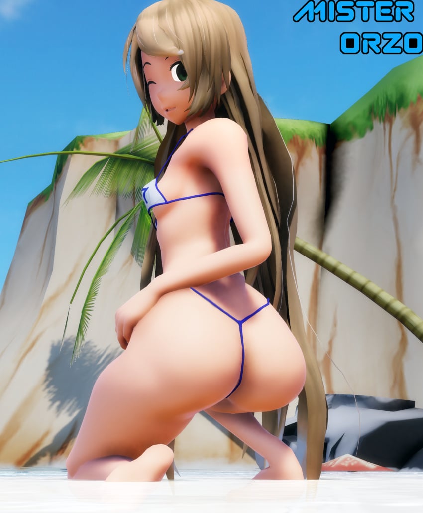 1girls 3d alternate_version_available ass ass_focus beach blonde_hair breasts emma_lange female green_eyes long_hair looking_back misterorzo mmd one_eye_closed one_knee small_breasts solo swimsuit