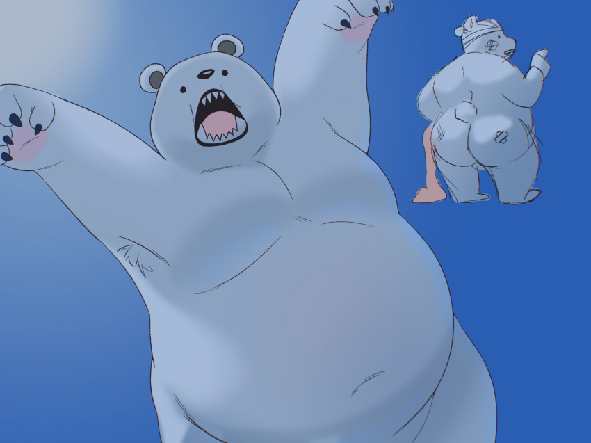 2023 anthro ass backsack balls bandage bear belly bepo big_belly black_eyes black_nose dot_eyes genitals hi_res male male_only mammal minkmen_(one_piece) moobs neetgabu one_piece overweight overweight_male polar_bear solo ursine white_body