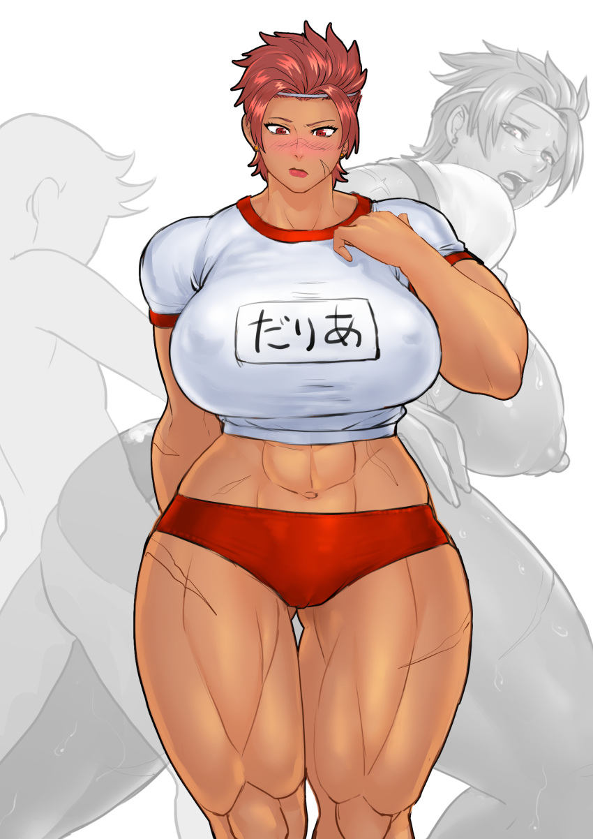 bigger_female blush blush cameltoe dark-skinned_female gym_uniform kisuu large_breasts looking_at_self mature_female midriff muscles muscular muscular_female older_female original pussy_outline red_eyes red_hair school_uniform short_hair skimpy skimpy_clothes thick_thighs tomboy