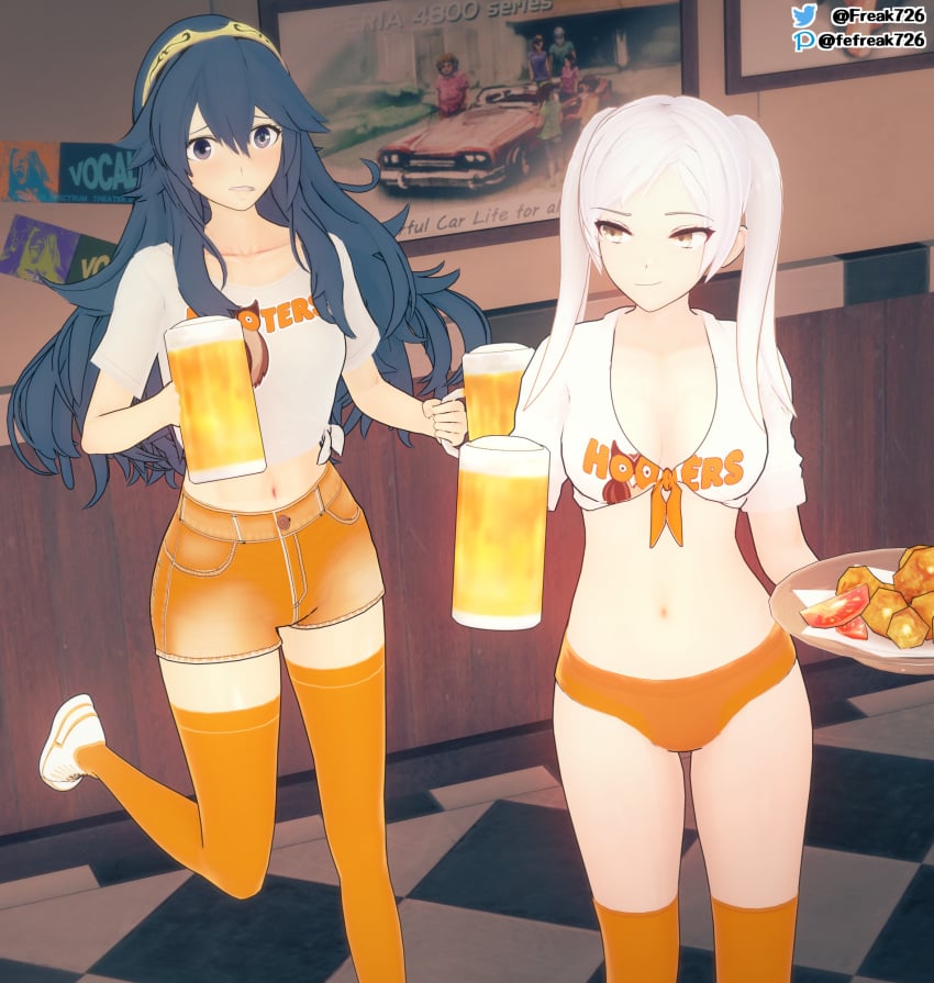 3d beer blue_eyes blue_hair fefreak726 female female_only fire_emblem fire_emblem_awakening food hooters hooters_uniform koikatsu lucina_(fire_emblem) nintendo robin_(fire_emblem) robin_(fire_emblem)_(female) white_hair