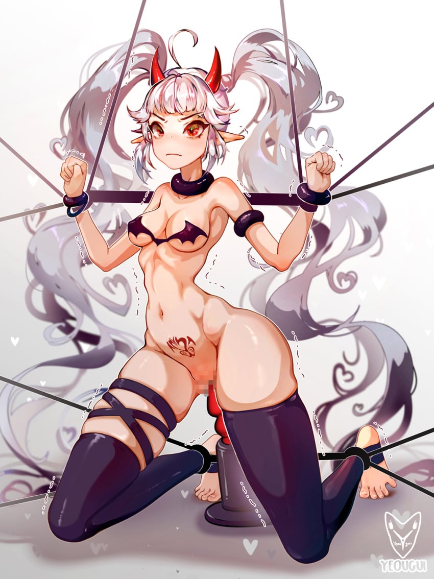 1girls absurdly_long_hair armpits bangs bare_thighs barefoot bondage bottomless bound breasts censored cleavage dildo female female_only frown grey_hair heart horns kneeling long_hair looking_at_viewer medium_breasts mephi_(yeougui) original pointy_ears pubic_tattoo pussy red_eyes restrained sex_toy sideboob solo stirrup_legwear succubus tattoo thighhighs thighs twintails underboob vaginal_penetration very_long_hair yeougui