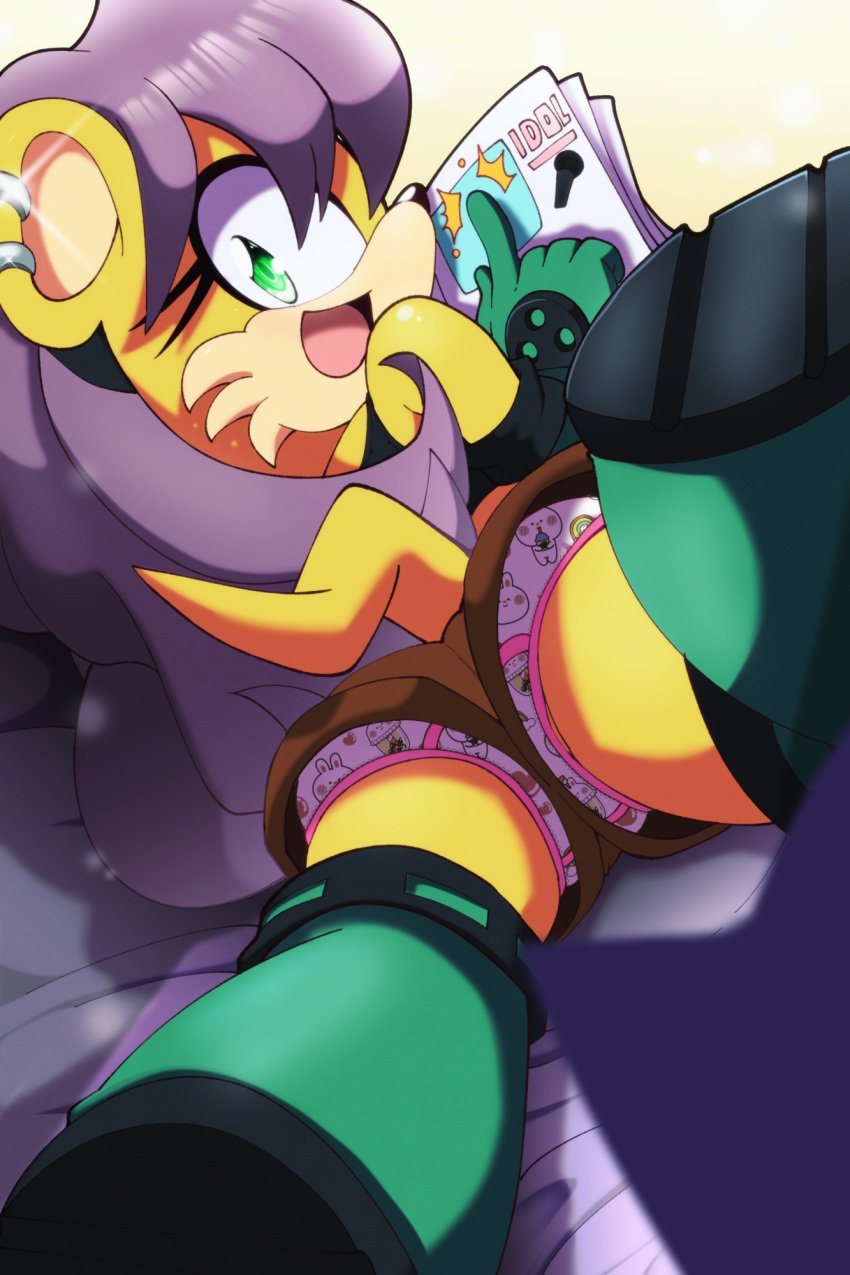 1girls anthro archie_comics bed bedroom boots childish_panties ear_piercing euf euf-dreamer female female_only fully_clothed green_eyes long_hair looking_at_viewer looking_back magazine mina_mongoose panties piercing piercings print_panties purple_hair reading sega shoes solo sonic_(series) sonic_the_hedgehog_(archie) sonic_the_hedgehog_(comics) talking_to_viewer unaware underwear upshorts yellow_body yellow_hair