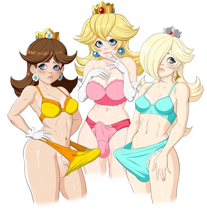 3futas balls big_penis blonde_hair bra breasts brown_hair clothed clothing crown earrings erection erection_in_panties erection_under_clothes futa_only futanari gloves human light-skinned_futanari light_skin long_hair luenartt mario_(series) medium_breasts mostly_nude multiple_futa panties penis princess_daisy princess_peach princess_rosalina simple_background small_breasts standing tenting white_background