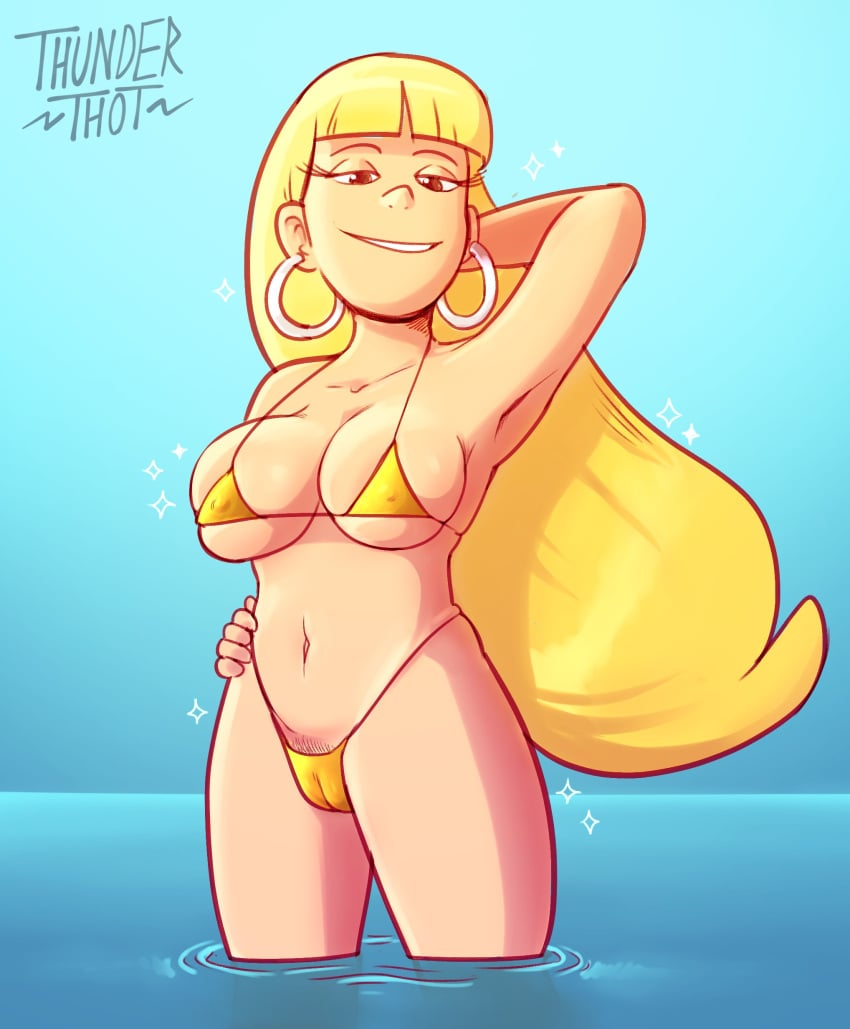 1girls big_breasts bikini blonde_hair confident disney earrings female female_focus female_only gravity_falls hand_on_hip light-skinned_female light_skin long_hair micro_bikini one_arm_behind_head pacifica_northwest pubic_hair straight_hair thunderthot yellow_bikini