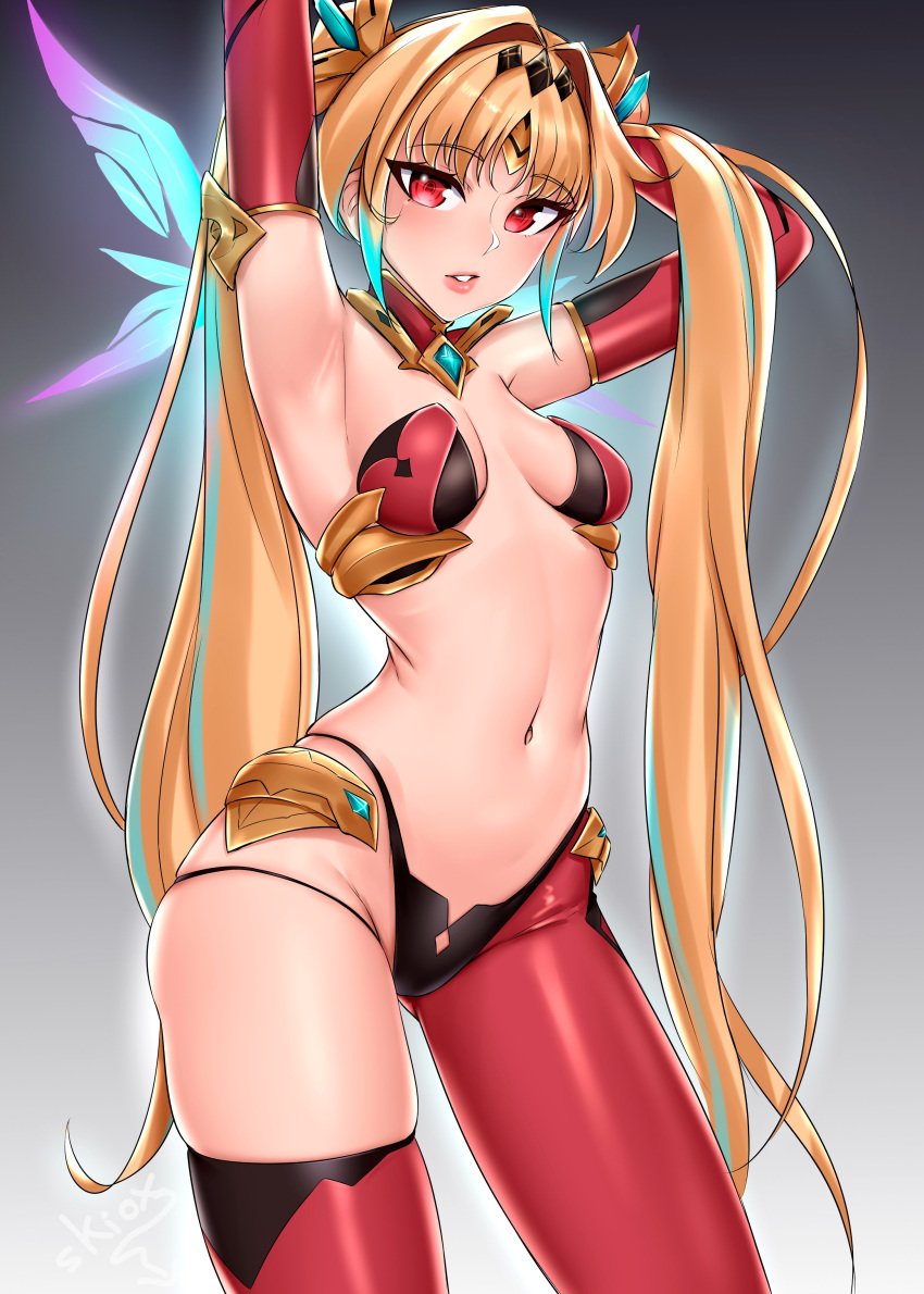 arms_behind_head asymmetrical_legwear bikini_armor blonde_hair endou_lily female female_only fully_clothed heroine posing red_eyes revealing_clothes sedai_one seductive skimpy_clothes twintails virtual_youtuber vtuber