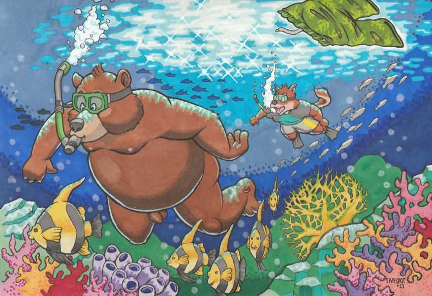 2023 ambient_sealife anthro bear bottomwear brown_body canid canine clothing detailed_background duo fivespot hi_res humanoid_hands male mammal marine moobs nipples overweight overweight_male shirt shorts snorkel snorkeling swimwear topwear underwater water