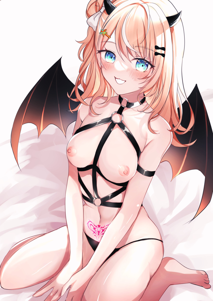 1girls 9juu_haruma absurdres barefoot black_choker black_panties blue_eyes blush bondage_outfit bow breasts choker demon_girl demon_horns demon_tail female female_only hair_bun hairbow highres horns igarashi_rika long_hair looking_at_viewer medium_breasts multicolored_hair navel nijisanji nipples o-ring o-ring_choker orange_hair panties pink_hair pubic_tattoo sitting smile solo streaked_hair string_panties succubus succubus_tattoo tail tattoo underwear virtual_youtuber wariza white_hair