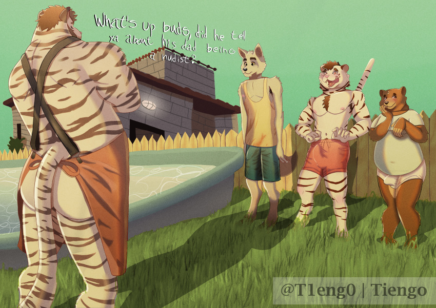 absurd_res anthro apron armpit_hair ass barazoku barefoot bear blush body_hair brown_body brown_fur building bulge canid canine canis clothed clothed/nude clothing daddy_kink day embarrassed erect_tail erection fan_character father father_and_child father_and_son feet felid fence fur genitals grass grey_body grey_fur group hi_res house light lightly_chubby male male/male mammal muscular nipples nude open_mouth outside overweight pantherine parent parent_and_child pecs penis plant pool provocative public public_exposure public_nudity shadow sky small_penis son stripes sunlight surprise tiengo tiger underwear white_body white_fur wolf