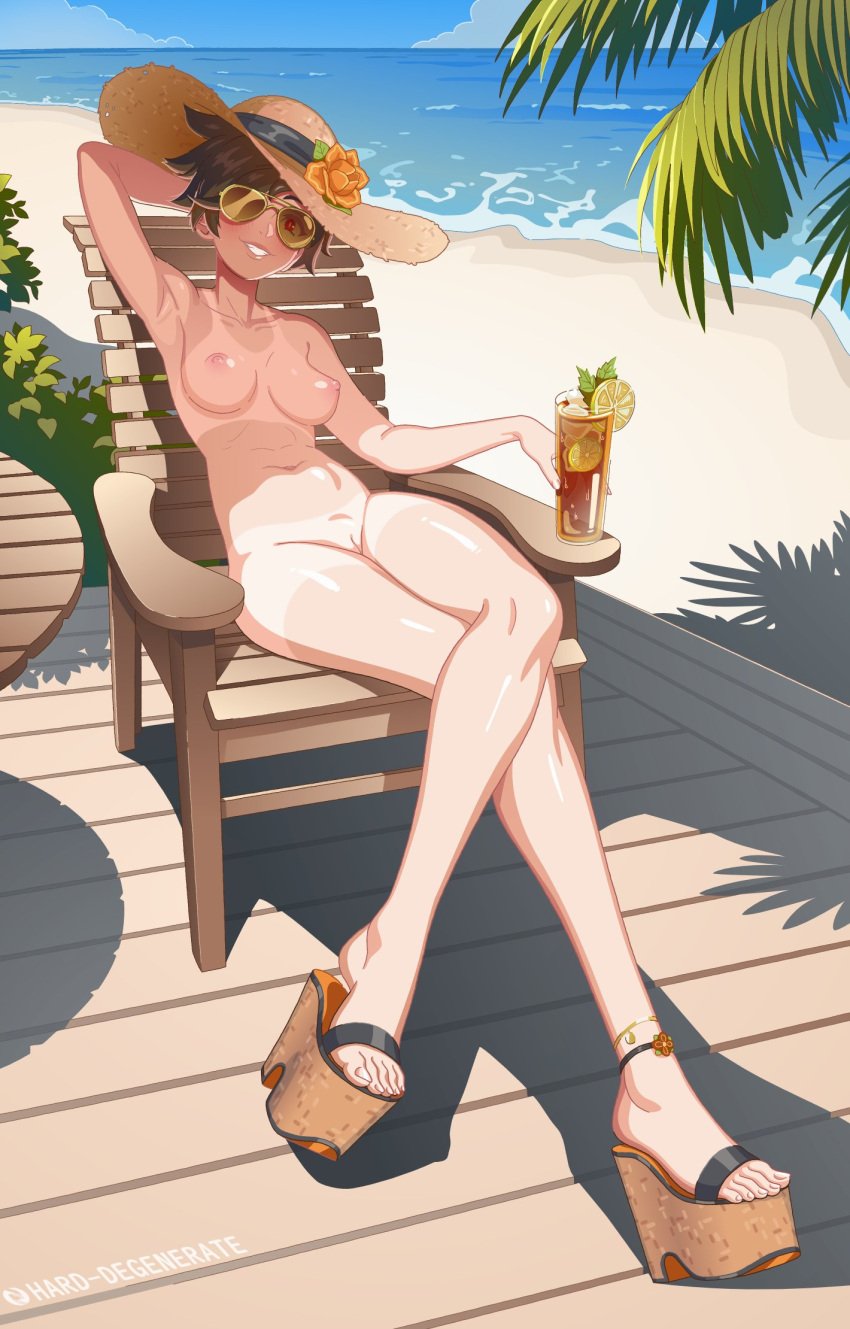 1girls arm_up armpits aviator_sunglasses beach beach_chair beach_hat breasts brown-tinted_eyewear crossed_legs drink feet full_body fully_nude hard-degenerate nipples nude outdoors overwatch overwatch_2 pale_skin platform_footwear platform_heels platform_sandals platform_shoes pussy smirk solo sunglasses tanline teasing tinted_eyewear tracer uncensored under_shade water wedge_heels