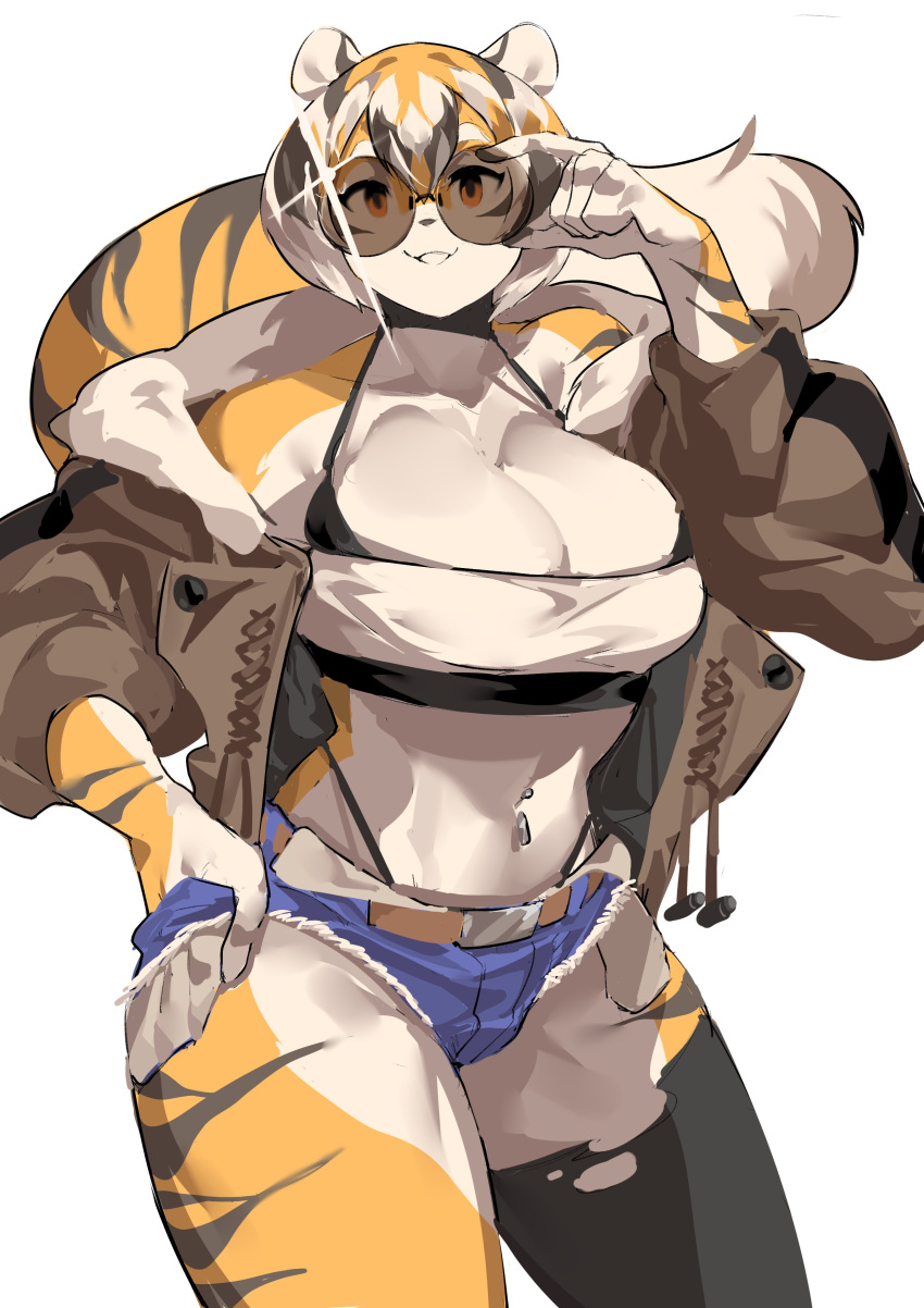 1girls amber_eyes anthro arknights aspirindabaitu big_breasts breasts female glasses mx99926 round_glasses short_shorts simple_background solo solo_female thick_thighs tiger tiger_girl waai_fu_(arknights) white_background wide_hips