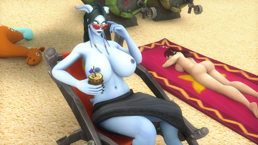 2girls 3d avanette beach big_ass blizzard_entertainment blue_skin draenei huge_breasts human human_(world_of_warcraft) kaelatheelf light-skinned_female light_skin original_character red_hair warcraft world_of_warcraft