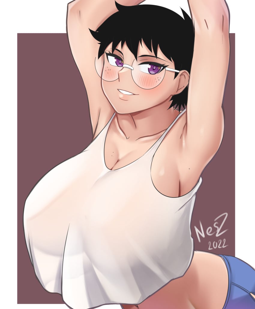 1girls absurd_res black_hair breasts female female_only freckles glasses hi_res jane_(nesz) large_breasts looking_at_viewer midriff nesz original purple_eyes short_hair solo solo_female tank_top tomboy