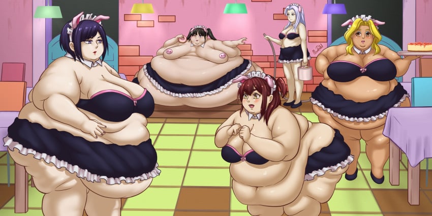 5girls akiba_maid_sensou female_only immobile mannen_ranko meatpedal multiple_girls obese obese_female overweight overweight_female shiipon_(akiba_maid_sensou) wahira_nagomi yumechi_(akiba_maid_sensou) zoya_(akiba_maid_sensou)