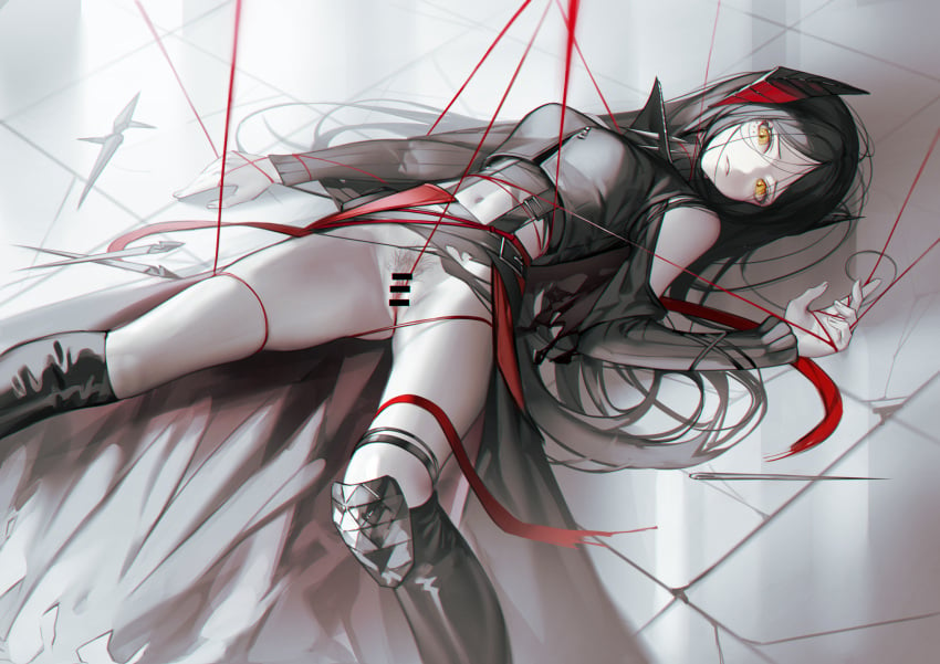 arknights bare_shoulders black_hair breasts censored demon_horns female female_pubic_hair highres horns ines_(arknights) iumu large_breasts long_hair looking_at_viewer parted_bangs pubic_hair pussy ribbon shirt solo thighs very_long_hair yellow_eyes