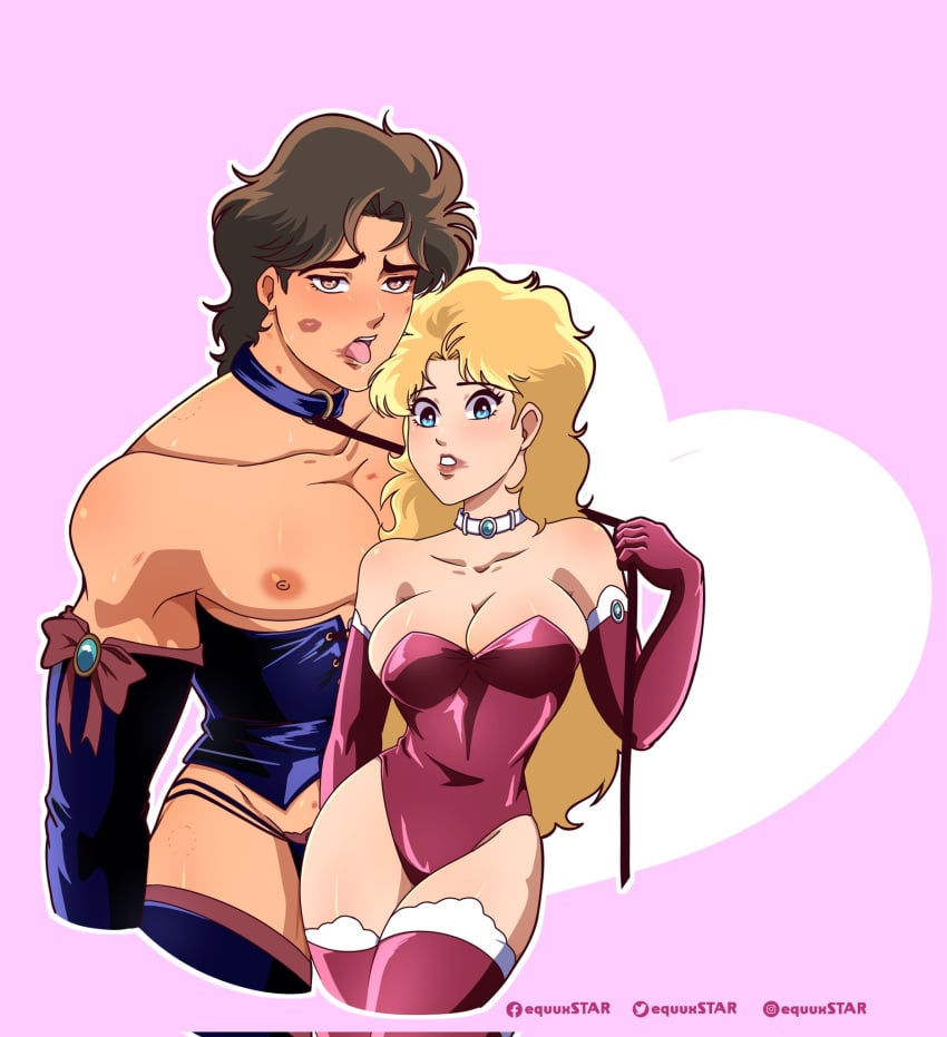 1boy 1girls assertive_female blonde_hair blue_eyes breasts brown_hair canon_couple choker couple elbow_gloves equuxstar erina_pendleton female femdom heart husband_and_wife jojo's_bizarre_adventure jonathan_joestar leotard lipstick lipstick_mark lipstick_marks male male/female muscular_male nipples pectorals phantom_blood short_hair straight thighs