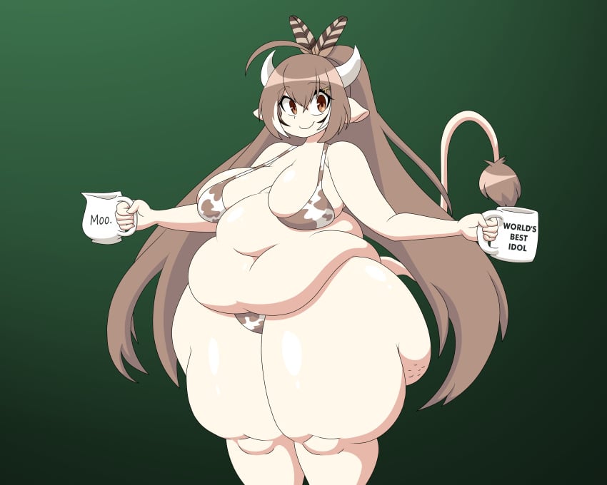 brown_eyes brown_hair cellulite chubby chubby_female coffee coffee_mug cow_ears cow_horns cow_print cow_tail fat hololive hololive_english hololive_english_-council- hololive_english_-promise- hooligan_freak hyper_thighs milk mug nanashi_mumei virtual_youtuber