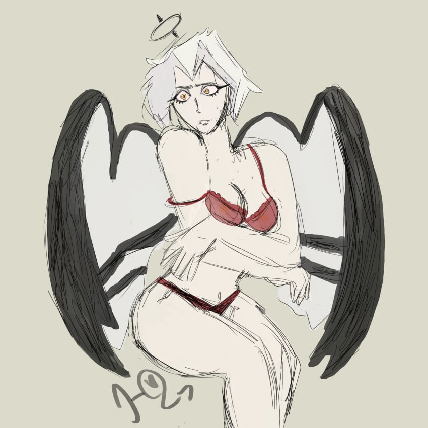 1angel 1girls angel angel_wings bashful female female_only grey_hair hazbin_hotel hornyowlet lingerie_bra lingerie_only lute_(hazbin_hotel) nipples_visible_through_clothing white_hair