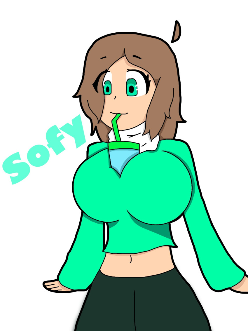 artmaria big_breasts brown_hair drink drink_on_breasts drinking fully_clothed green_eyes green_shirt looking_down sofy_(artmaria)