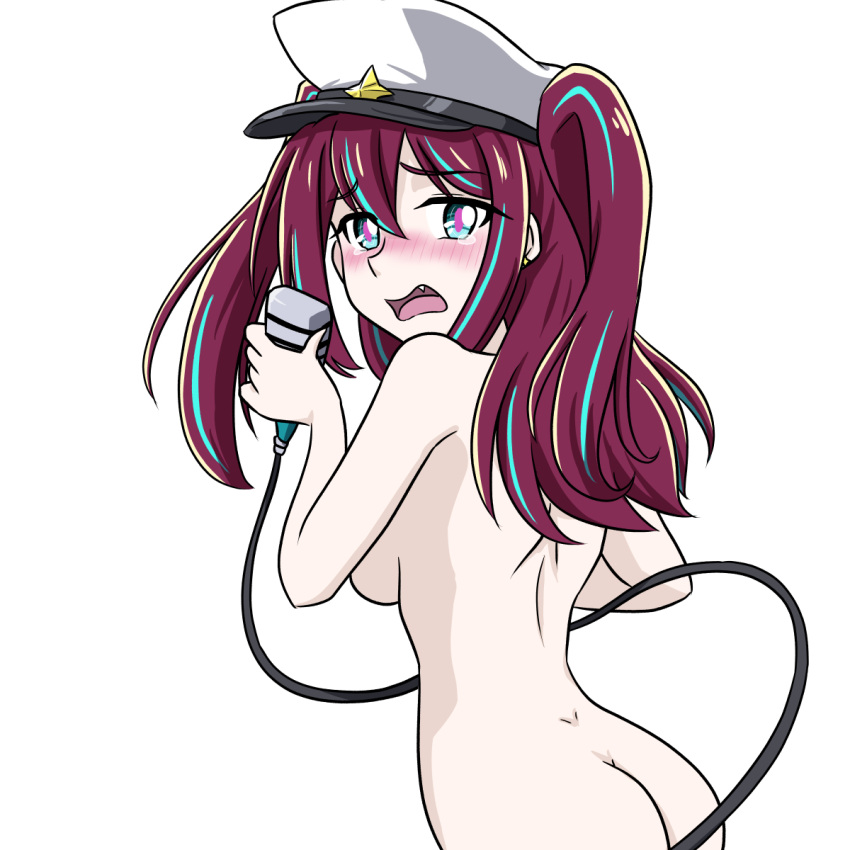 akoya_matama ass blush breasts completely_nude completely_nude_female dodo_(yad-ddi) embarrassed embarrassed_nude_female enf hat hat_only large_breasts loco_musica mahou_shoujo_ni_akogarete microphone military_hat sideboob solo