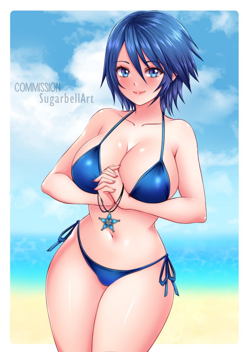 1girls aqua_(kingdom_hearts) athletic_female beach bikini blue_eyes blue_hair breasts cleavage female female_only fully_clothed jewelry kingdom_hearts kingdom_hearts_birth_by_sleep long_fingernails looking_at_viewer makeup nail_polish painted_fingernails painted_nails revealing_clothes skimpy_clothes sky sugarbell tomboy wholesome