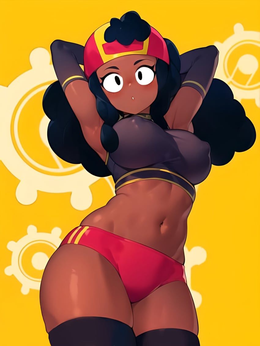 ai_generated big_breasts black_hair black_skin brawl_stars breasts clothed clothing female female_only meg_(brawl_stars) nipple_bulge posing posing_for_the_viewer redraw shorts supercell surprised surprised_expression