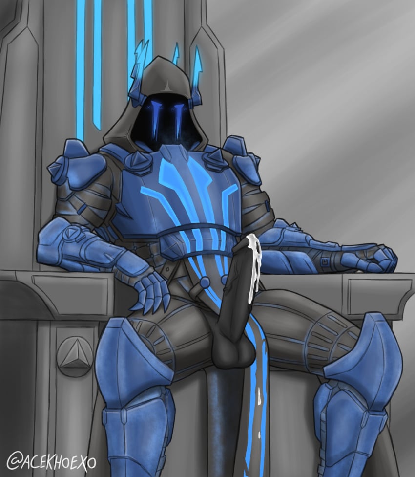 5_fingers acekhoexo arm_down armor balls big_penis blue_markings blush blushing blushing_male bodily_fluids bulge bulge_through_clothing clawed_fingers claws cum digital_media_(artwork) faceless_male fortnite genital_fluids glowing_eyes grey_balls grey_body grey_glans grey_penis helmet highres humanoid ice_king ice_king_(fortnite) knight loincloth loincloth_aside loincloth_cum looking_at_viewer male masked masked_men muscular muscular_male nude nude_male orgasm orgasm_face penis signature sitting solo_male stone throne veiny_penis warrior