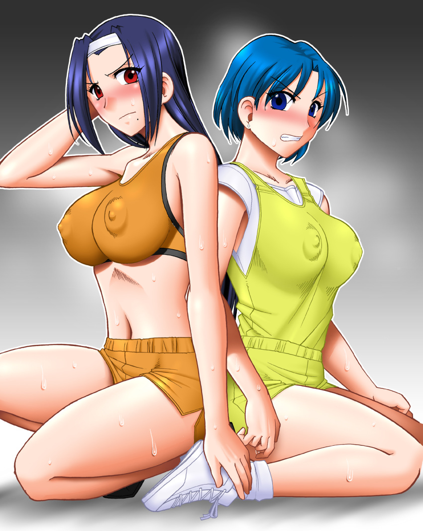 2girls asahina_natsuki blue_eyes blue_hair blush breasts covered_nipples hairband highres large_breasts long_hair looking_at_viewer medium_breasts mokkouyou_bond mole mole_under_mouth multiple_girls navel nipples orange_shorts orange_sports_bra red_eyes serizawa_miki shiny_skin shirt short_hair short_sleeves shorts simple_background sitting sleeveless sports_bra steaming_body super_real_mahjong super_real_mahjong_p3 super_real_mahjong_p7 sweat very_long_hair white_footwear white_shirt yellow_shirt yellow_shorts