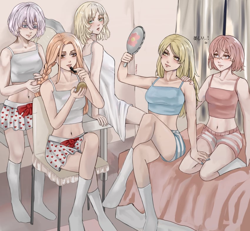 2d 2d_(artwork) 5girls after_sex akane_inui blonde_hair blue_eyes brown_eyes brown_hair commentary_request emma_sano female_focus female_only females green_eyes hinata_tachibana non_nude pajamas party pink_hair request senju_kawaragi tachibana_hinata tokyo_revengers tomboy yellow_eyes yuzuha_shiba