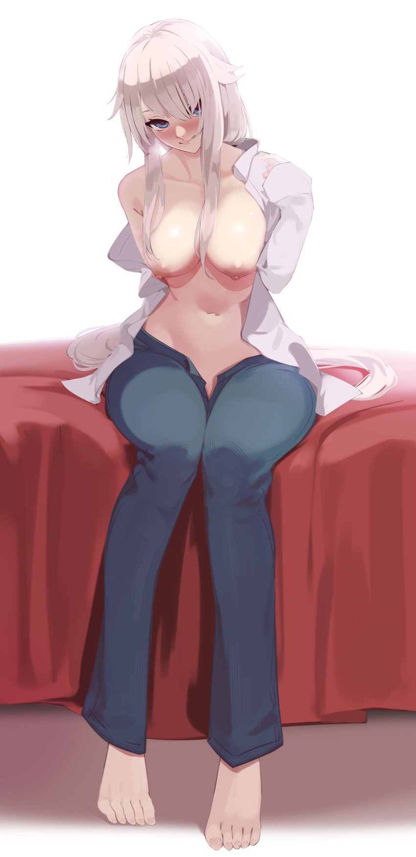 9a-91_(girls'_frontline) blue_eyes blush breasts_out girls'_frontline jeans long_sleeves medium_breasts ohc. simple_background sitting sitting_on_bed tagme undressing white_background white_hair