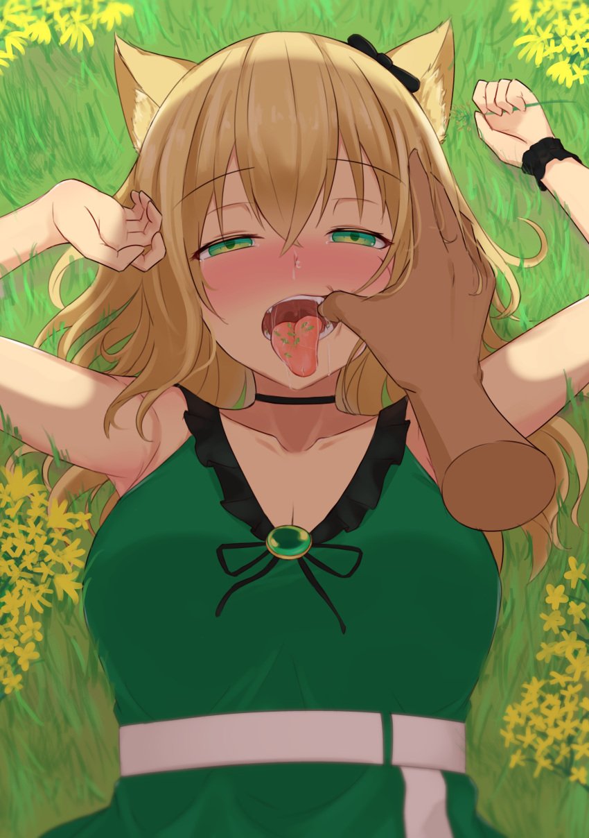 absurdres animal_ears arknights armpits arms_up belt black_choker black_ribbon blonde_hair blush breasts cheek_pull choker cleavage collarbone commentary day disembodied_limb dog_ears dog_girl dress drooling female finger_in_another's_mouth flower from_above grass green_dress green_eyes hair_between_eyes hair_ribbon half-closed_eyes highres i_want_to_come_in_her_mouth_so_bad long_hair looking_at_viewer lying medium_breasts noe_(ppppriver) official_alternate_costume on_back open_mouth outdoors podenco_(arknights) podenco_(wake_up_from_a_nap)_(arknights) pov ribbon saliva saliva_trail scrunchie shadow sleeveless sleeveless_dress snot solo_focus tearing_up tears teeth tongue tongue_out upper_body uvula white_belt wrist_scrunchie yellow_flower