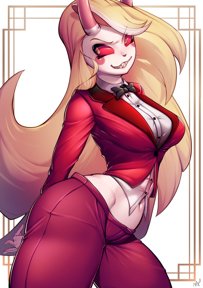 1girls big_breasts blonde_hair charlie_morningstar_(hazbin_hotel) clothed clothing color demon demon_girl demon_horns female female_focus female_only hazbin_hotel hi_res large_breasts light-skinned_female light_skin long_hair looking_at_another maxlikeapicture red_eyes sharp_teeth solo solo_female tagme thick_thighs