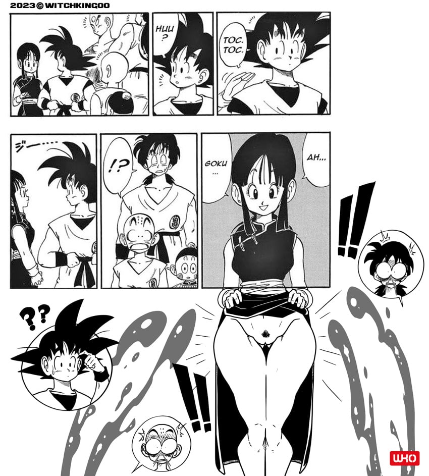 2023 bald black_eyes black_hair brazilian chiaotzu cum dragon_ball dragon_ball_(classic) dragon_ball_out_of_pannel dress_lift hourglass_figure krillin kuririn monochrome pubic_hair pussy shounen_jump tenshinhan thick_thighs thighs wide_hips witchking00 yamcha