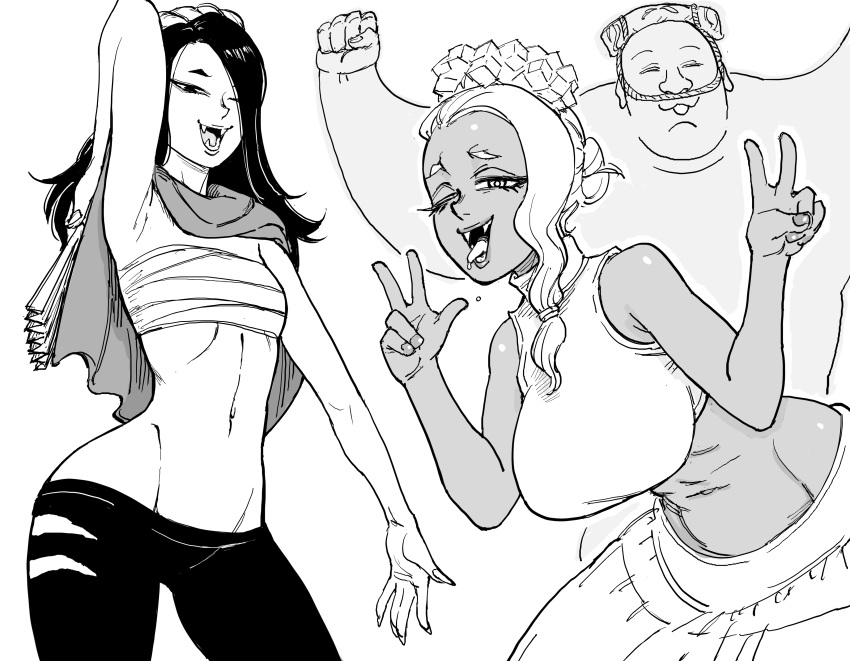 1boy 2girls absurdres arm_up armpit_crease armpit_peek armpits bb_(baalbuddy) big_man_(splatoon) bootleg_big_man breasts double_v fat_man female female_focus frye_(splatoon) greyscale highres hip_dips humanized male medium_breasts midriff monochrome multiple_girls navel nintendo one_eye_closed one_eye_covered open_mouth original sarashi shiver_(splatoon) sleeveless small_breasts splatoon splatoon_(series) splatoon_3 tongue tongue_out