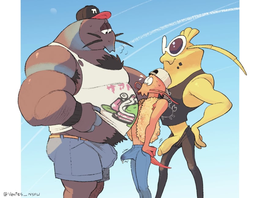 anthro arthropod bisk_(splatoon) bottomwear bulge clothed clothing coconut_crab crab crustacean crusty_sean decapoda erection erection_under_clothing genitals group hi_res humanoid_genitalia humanoid_penis malacostracan male male/male male_only marine mr._coco_(splatoon) nintendo paguroid pants penis prawn shorts size_difference spider_crab splatoon trio ventesthefloof