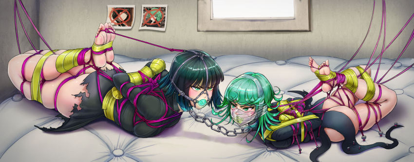 2girls angry ball_gag blush bondage feet female female_only fubuki_(one-punch_man) gag green_hair hogtied multiple_girls one-punch_man rope_bondage tagme tatsumaki zerosmath