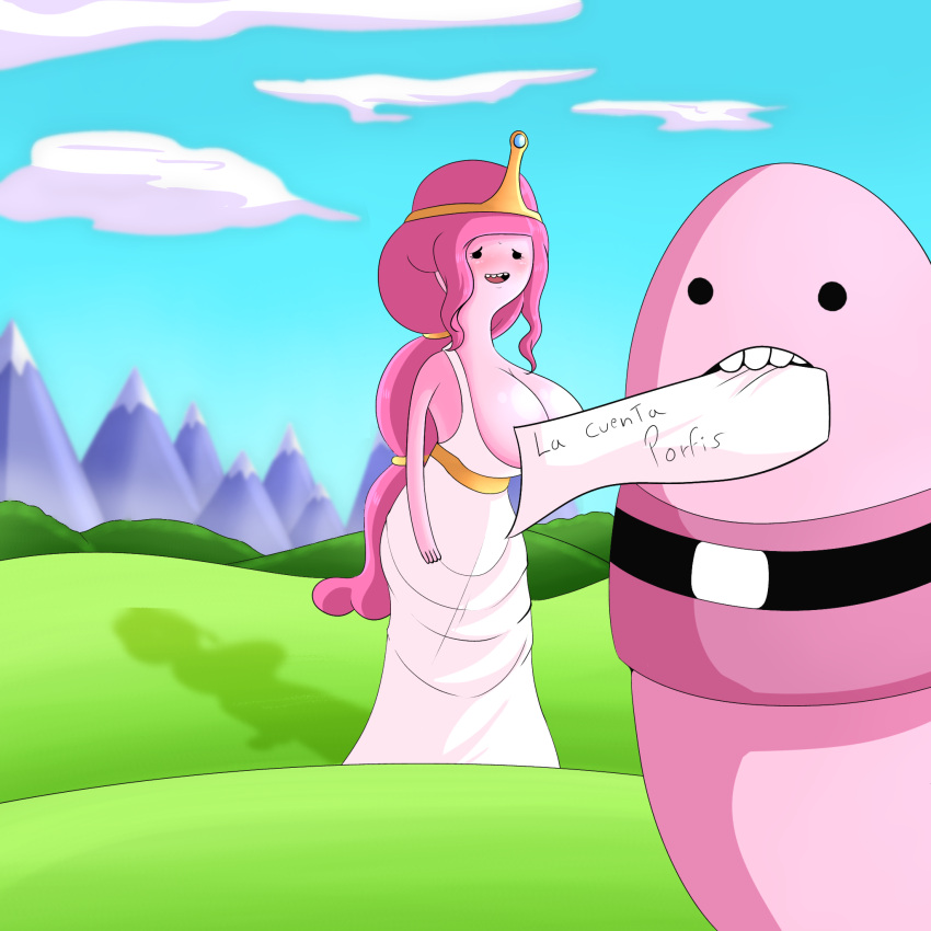 1boy 1girls adventure_time alternate_breast_size bare_arms bare_shoulders big_breasts blue_sky bonnibel_bubblegum cleavage cloud convenient_censoring crown earthworm handwritten_text kosmicfu meadow meme mountain_range mountainous_horizon mouth_hold pink_body pink_hair pink_skin princess princess_bubblegum shelby_(adventure_time) sleeveless_dress spanish_text standing