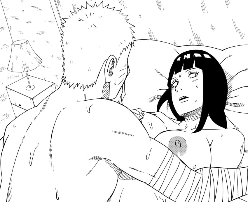 accurate_art_style alternate_hairstyle bed black_and_white blush blush boruto:_naruto_next_generations breast_grab canon_couple completely_nude grabbing_breasts hyuuga_hinata large_breasts nanxdaime naruto naruto_(series) on_bed open_mouth sweat uzumaki_naruto