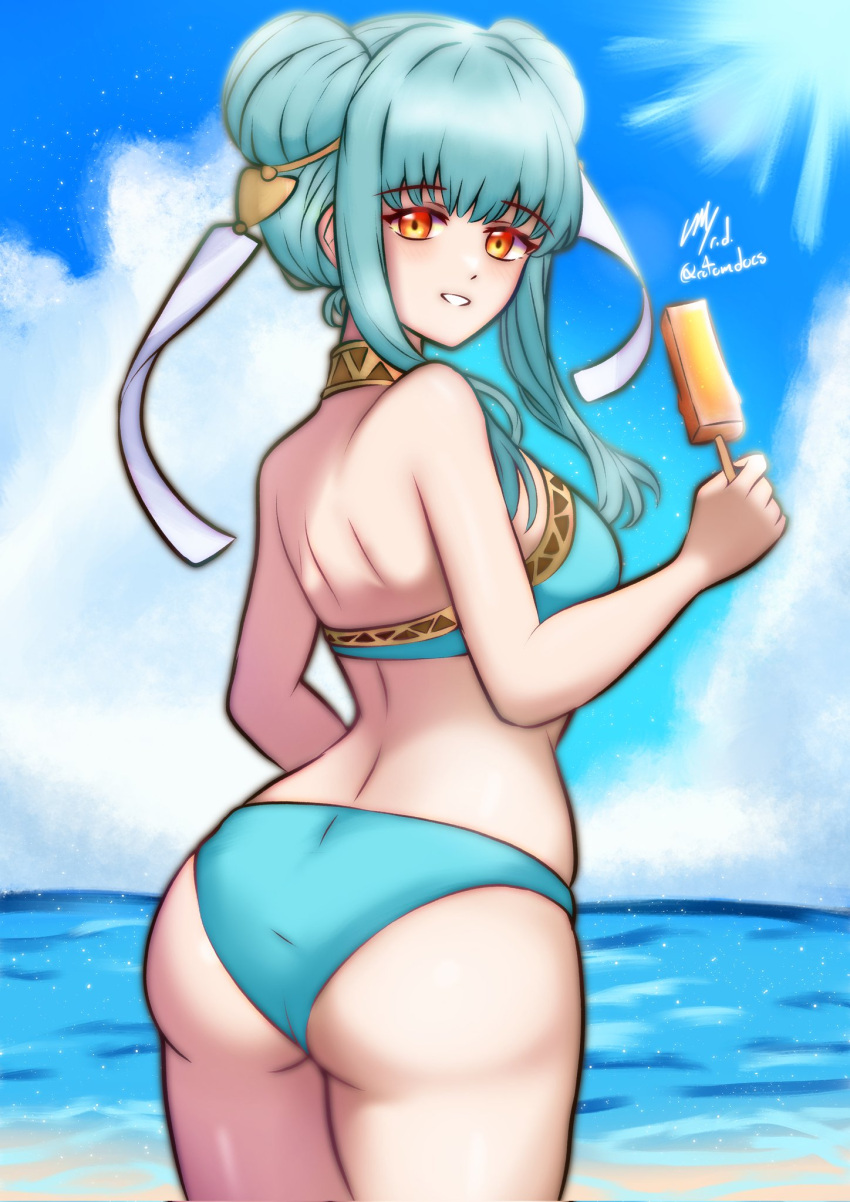 1girls alternate_costume alternate_hairstyle ass back beach big_ass bikini blue_bikini blue_hair blue_swimsuit breasts commentary double_bun english_commentary female female_only fire_emblem fire_emblem:_the_blazing_blade food hair_bun highres ice_cream long_hair looking_at_viewer looking_back ninian_(fire_emblem) nintendo popsicle red_eyes rotomdocs small_breasts smile solo swimsuit