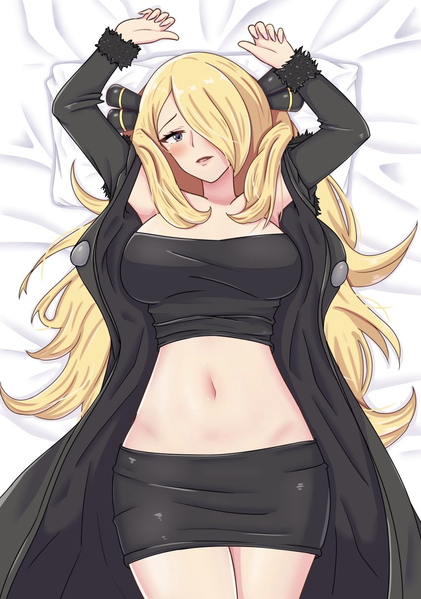 1girls abdomen blonde_hair breasts cynthia_(pokemon) female female_only hair_over_one_eye lying maho_(corotonton5150) medium_breasts navel nintendo on_back on_bed pokemon solo