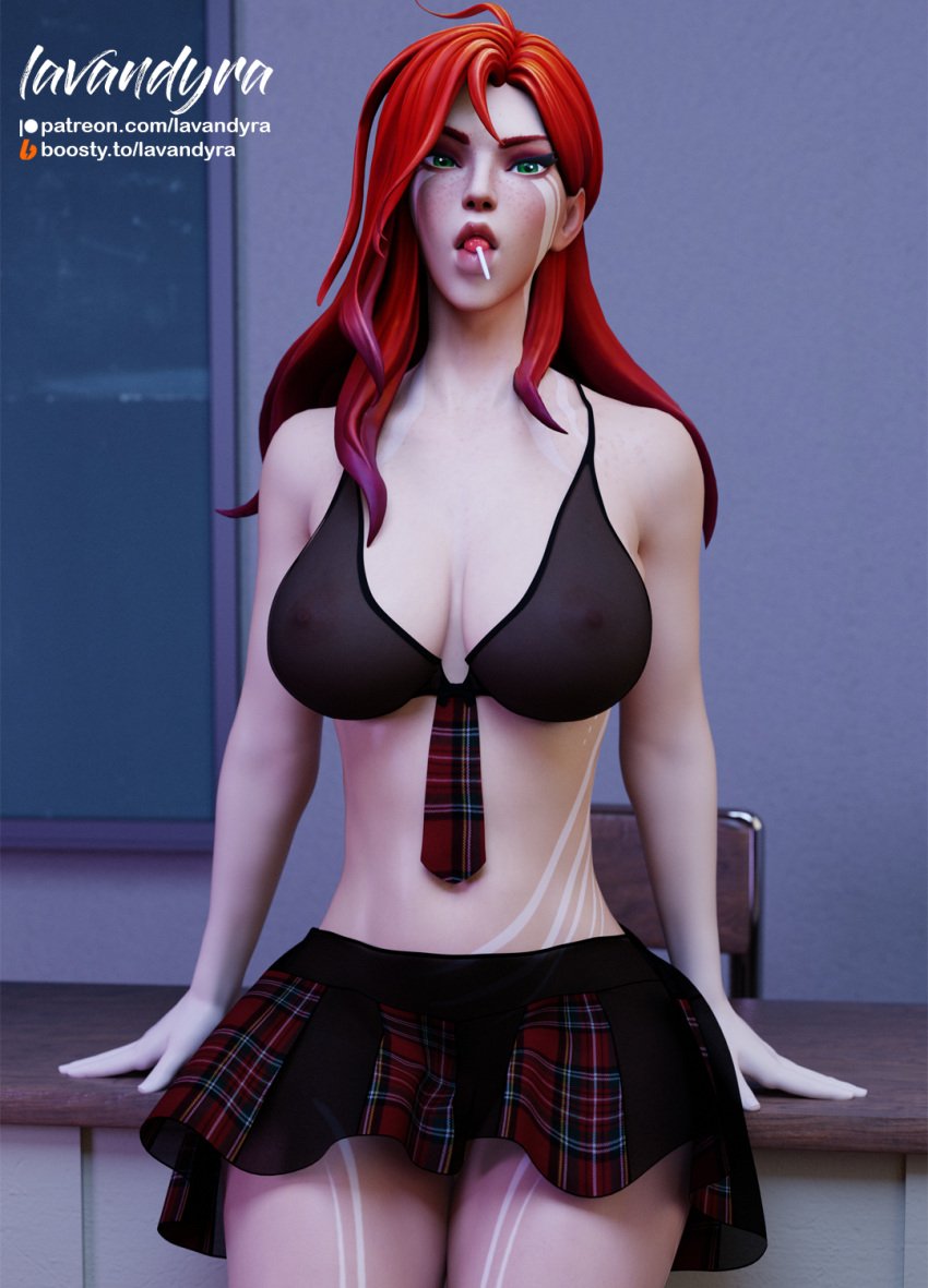 1girls 3d 3d_(artwork) blender breasts breasts chalkboard classroom dota_2 green_eyes lavandyra light-skinned_female lollipop looking_at_viewer red_hair school_uniform skirt thick_thighs thighs windranger