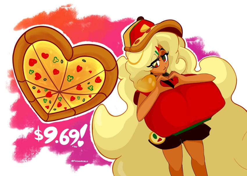 1girls absurd_res big_breasts blonde breasts cookie_run fromariels hat heart huge_breasts long_hair pizza pizza_cookie simple_background solo tagme yellow_hair