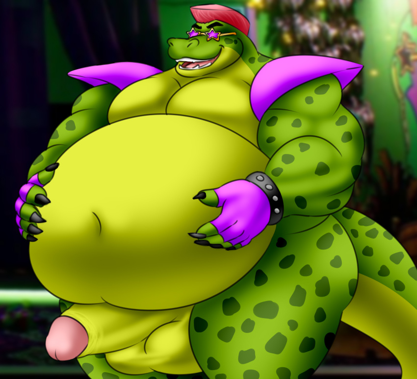 anthro balls belly big_balls big_belly big_penis boner bracelet camp14 clothing erection eyewear five_nights_at_freddy's five_nights_at_freddy's:_security_breach genitals gloves half-erect hand_on_belly hands_on_belly hands_on_stomach handwear hi_res jewelry male male_only mohawk montgomery_gator_(fnaf) musclegut muscular nails nude open_mouth overweight overweight_male penis scottgames shoulder_pads smile solo stage standing steel_wool_studios sunglasses