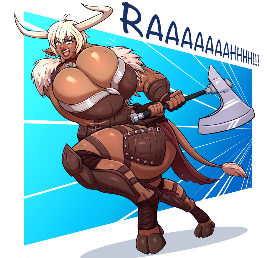 1pervydwarf axe dark-skinned_female gigantic_breasts minotaur minotaur_female original_character