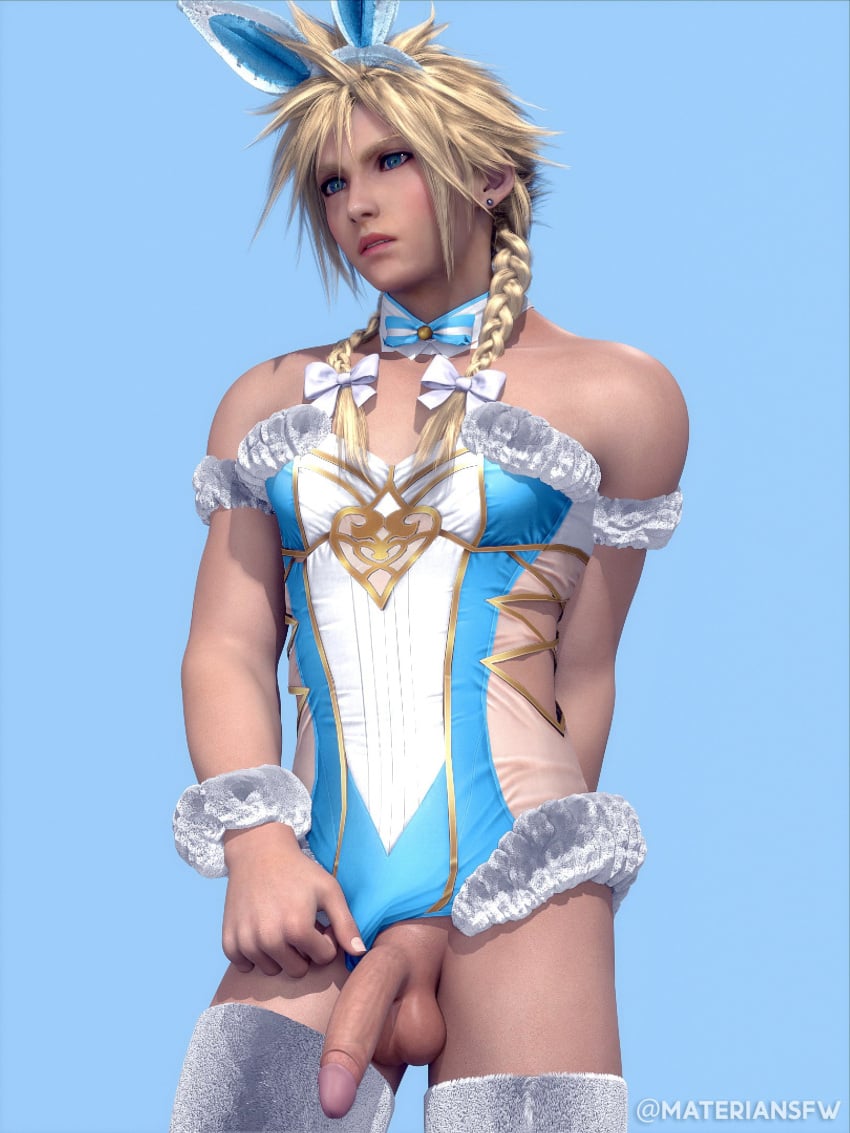 1boy 3d blender blonde_hair blue_eyes bowtie bunny_ears bunnysuit cloud_strife cloudmateria crossdressing detached_collar femboy final_fantasy final_fantasy_vii flaccid penis penis_out simple_background spiky_hair square_enix tagme thighhighs thighs