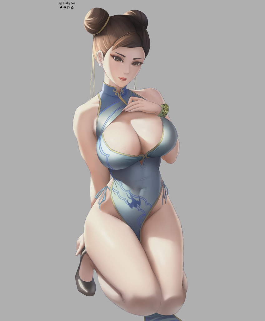 1girls bare_arms bare_legs bare_shoulders bare_thighs big_breasts blush brown_eyes brown_hair chun-li clothed clothing color feikyart female female_focus female_only hi_res large_breasts light-skinned_female light_skin looking_at_viewer short_hair solo solo_female street_fighter street_fighter_6 tagme thick_thighs