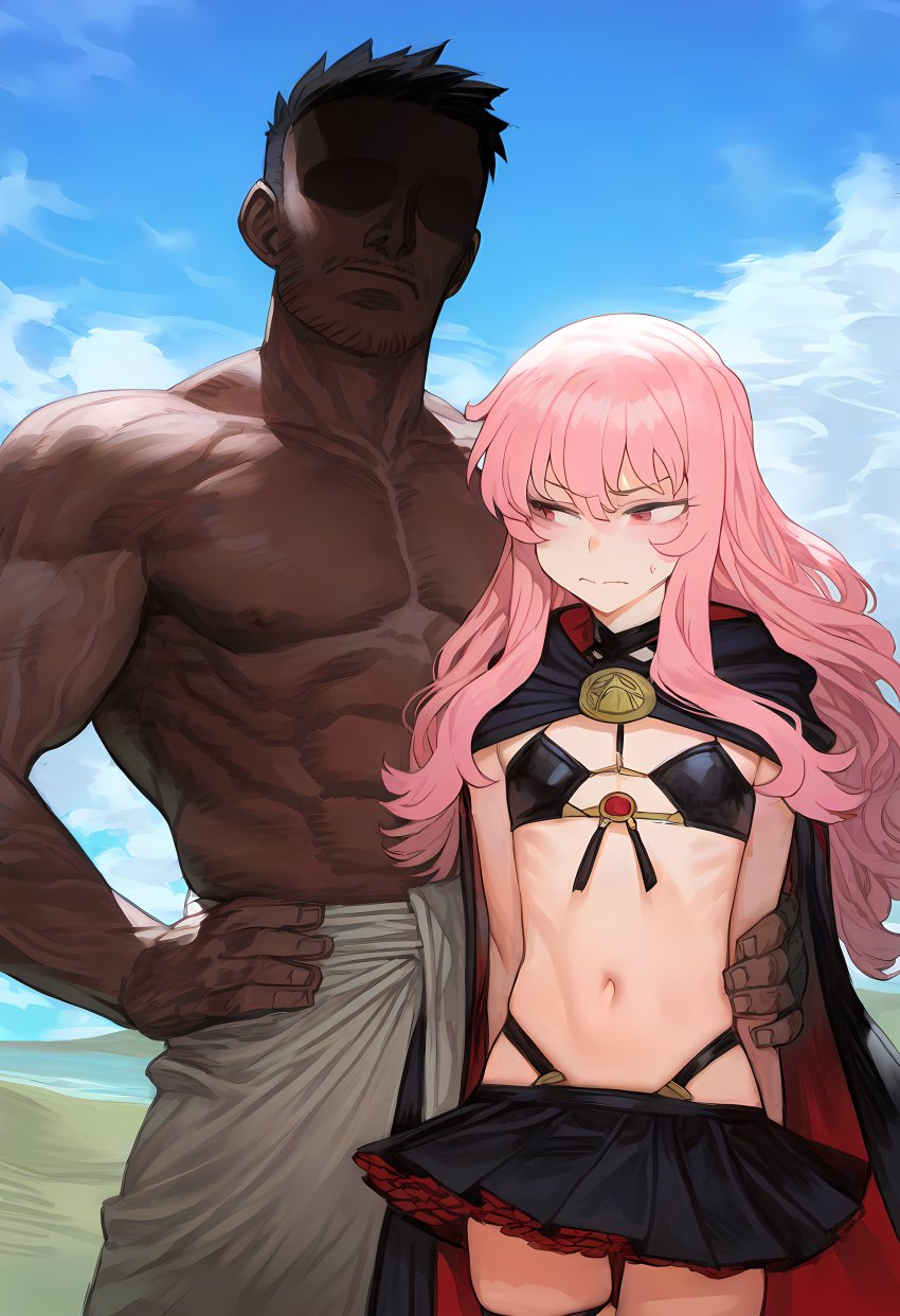 1boy 1girls abs ai_generated biceps bikini_armor bikini_top cape dark-skinned_male dark_skin imminent_sex kaikoi louise_francoise_le_blanc_de_la_valliere muscles muscular muscular_male pink_eyes pink_hair shaded_face size_difference skirt the_familiar_of_zero zero_no_tsukaima