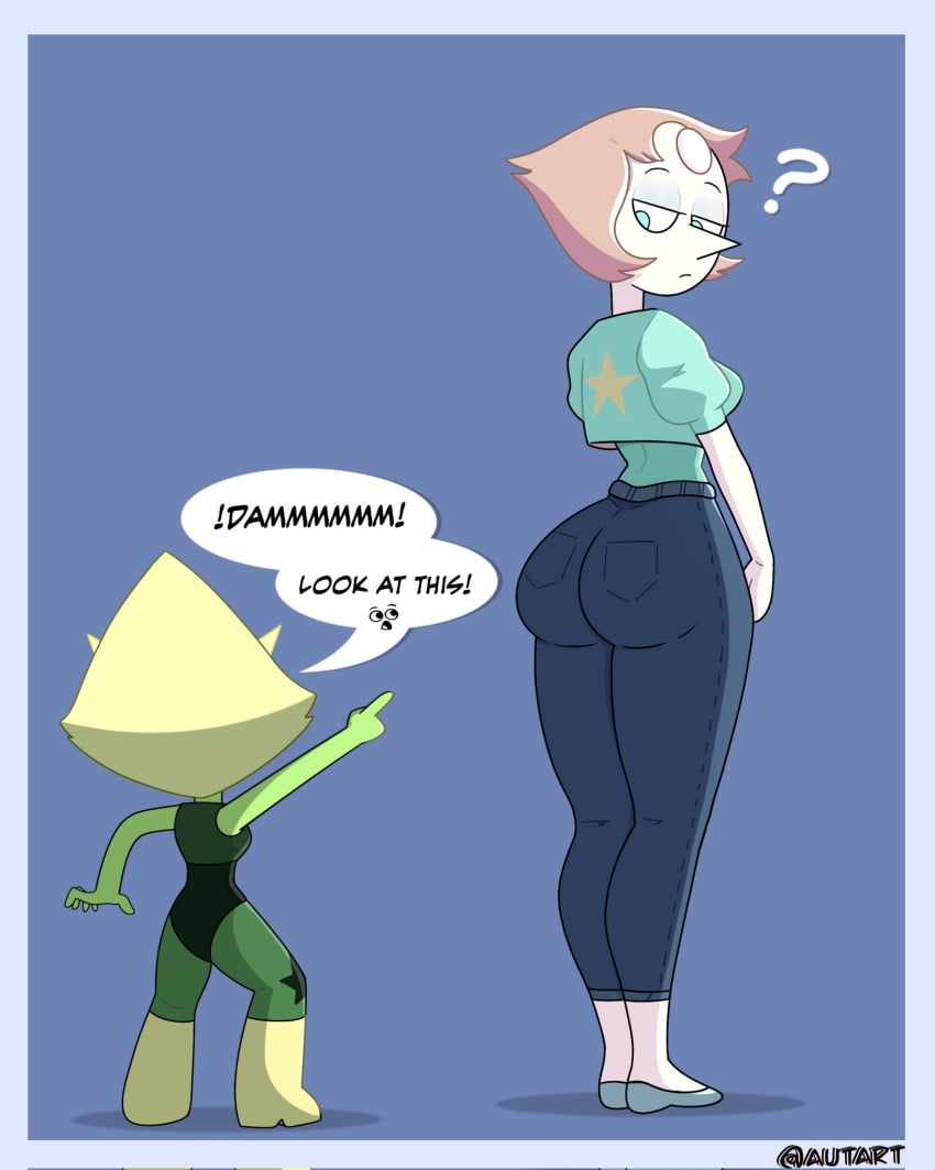 2girls ? ass ass_focus autart big_ass breasts cartoon_network cleavage clothed clothing female female_focus female_only pearl_(steven_universe) peridot_(steven_universe) steven_universe