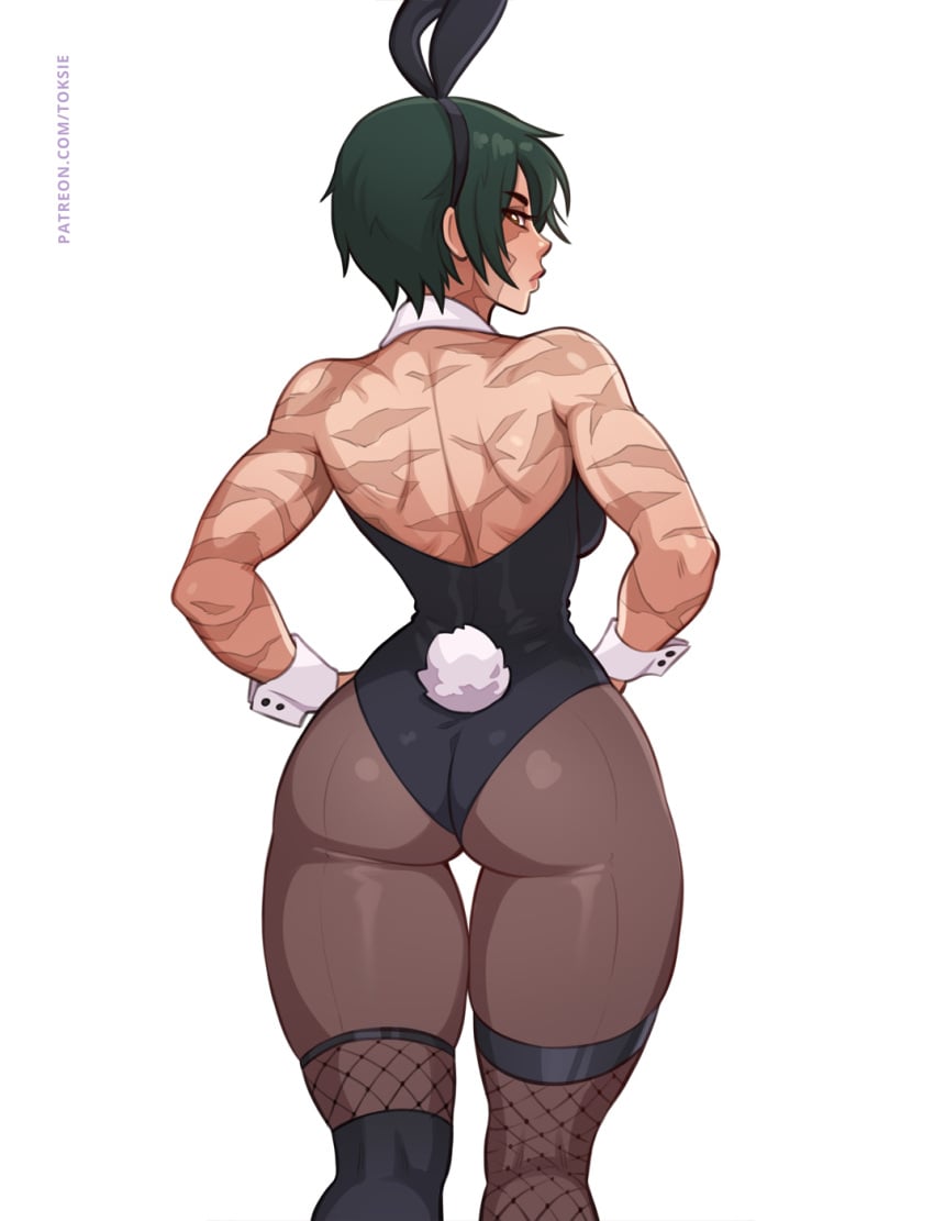 2d 2d_(artwork) ass athletic_female bunny_ears bunnysuit cuffs fishnets green_hair jujutsu_kaisen looking_at_viewer looking_back muscular muscular_female pantyhose scars_all_over stockings thighs toksie zenin_maki