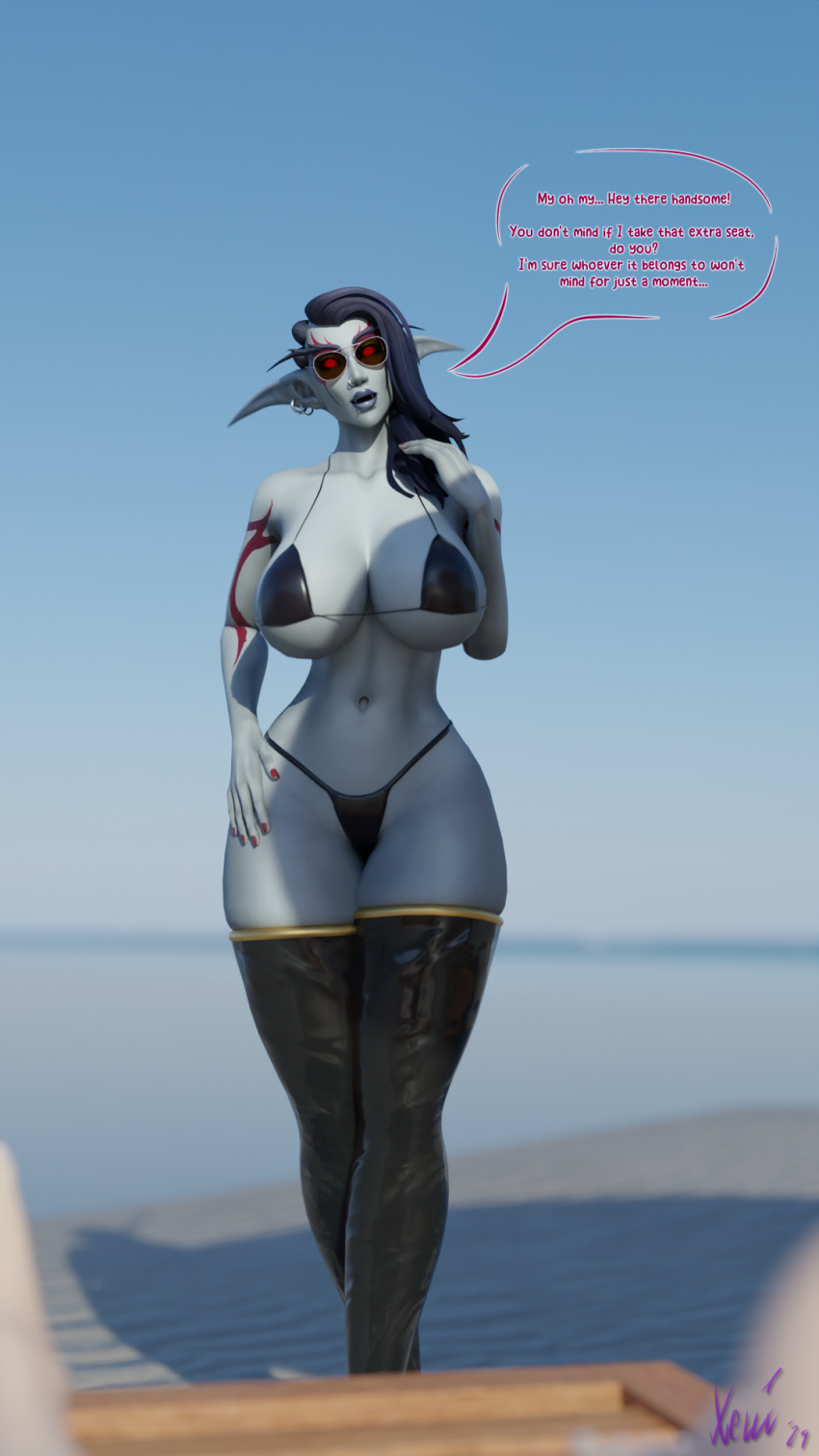 3d 3d_(artwork) beach big_breasts bikini breasts busty cg curvy elf emo female goth huge_breasts lingerie model night_elf thick thick_thighs thighs voluptuous warcraft world_of_warcraft wow